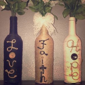 Hope, Faith, Love Wine Bottle Decor (handmade)